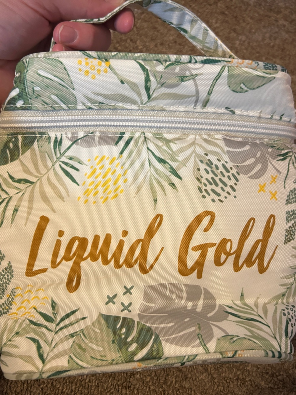 “Liquid Gold” Botanical Cooler Bottle Bag in Cream & Green